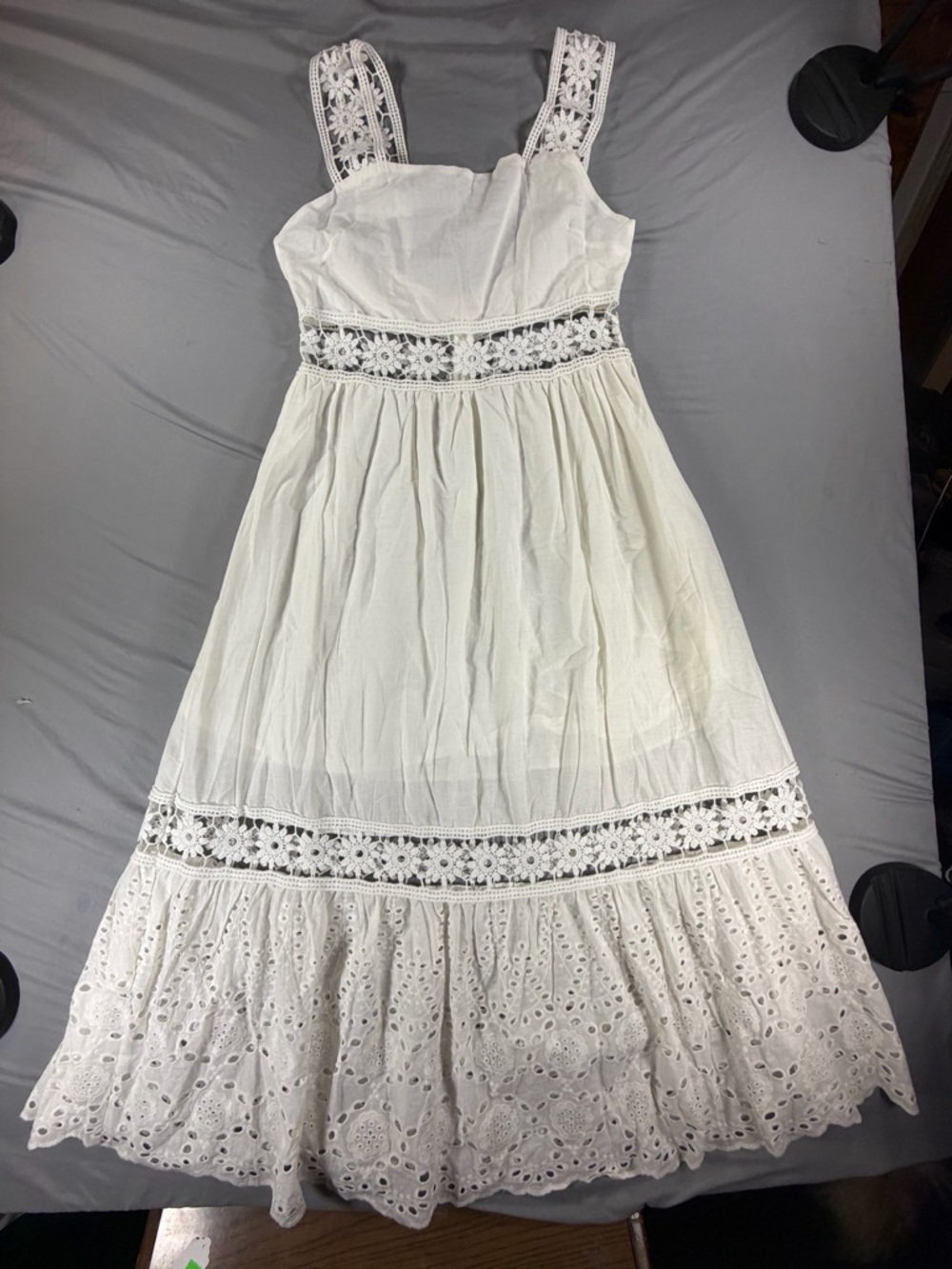 White Cotton Lace Maxi Dress Embroidered Sleeveless Square Neck Size M